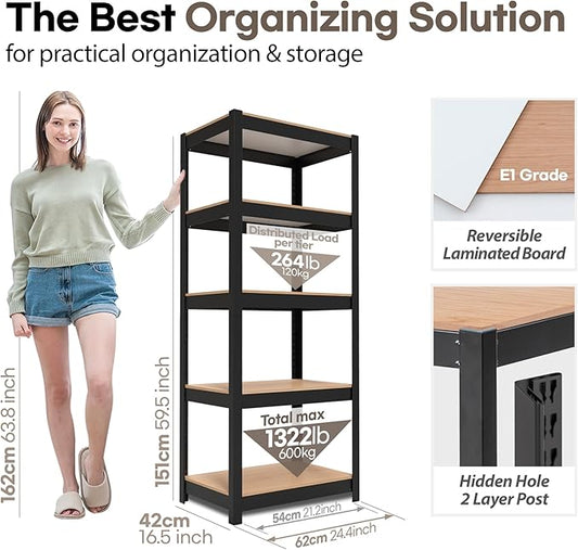 HOMEDANT House Black 5 Tier 24.4" W Laminated Metal Shelving Unit Adjustable - Image 2