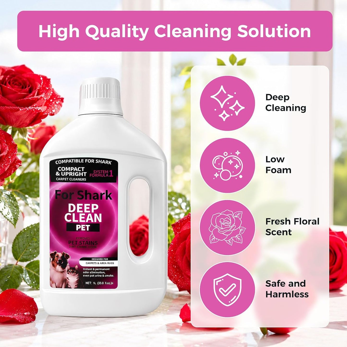 Carpet Cleaner Solution for Shark CarpetXpert, StainStriker Carpet Cleaner | for Shark EX151/EX201/EX304 and PX201/PX251/PX202BRN/PX221BRN Carpet Cleaner, Deep Clean Carpets, 1L, 33.81 Fl Oz, Rose Scent