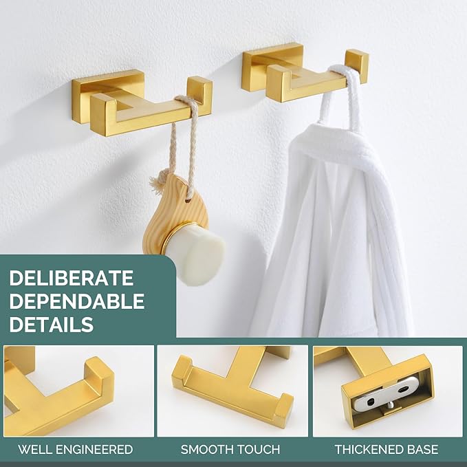 Angle Simple Double Towel Hook Brushed Gold 2 PCS, SUS304 Stainless Steel - Image 7