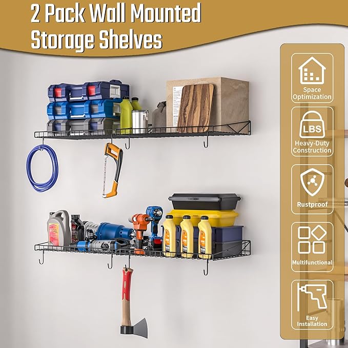 2 Pack Garage Wall Shelf, Garage Wall Mounted Shelving, Heavy Duty Floating - Image 3