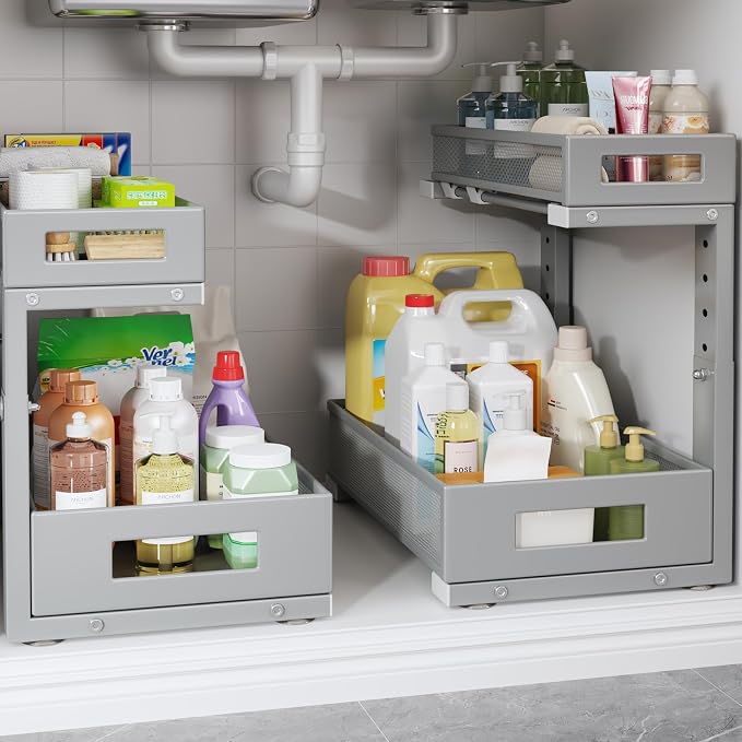 2-Pack Under Sink Storage Organizer, Large 2-Tier Elegant Mesh Pull Out Shelf by UnderSinkOrganizer