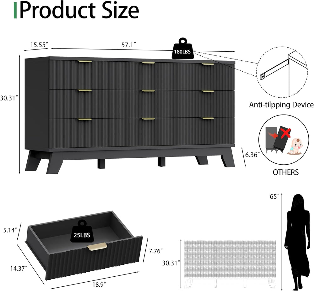 Xixini Fluted Dresser for Bedroom with 9 Drawers, 57" Wide Chest of Draw...
