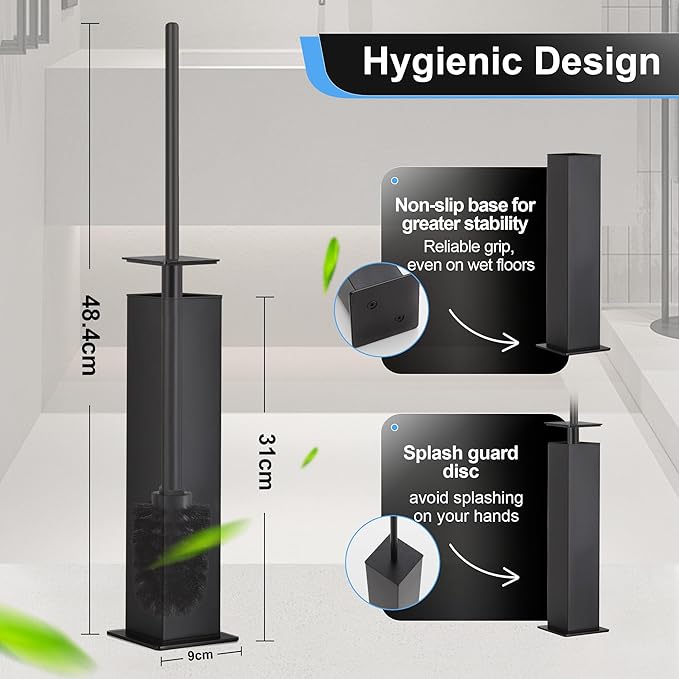 BVL Toilet Brush and Holder Set Black Stainless Steel 304 Square Freestanding - Image 4