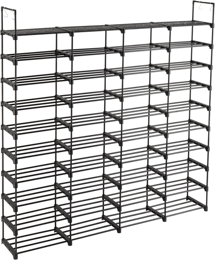 10-Tier Tall Shoe Rack - Free Standing Large Metal Closet Storage Shelves - Stackable Shoe Stand with Hooks for Bedroom Entryway - Holds 80 Pairs - Black