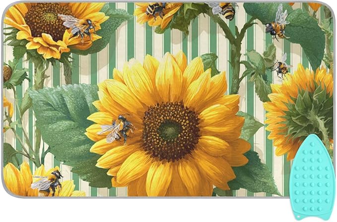 Green Striped Sunflowers and Bees Ironing Mat by Tatenale