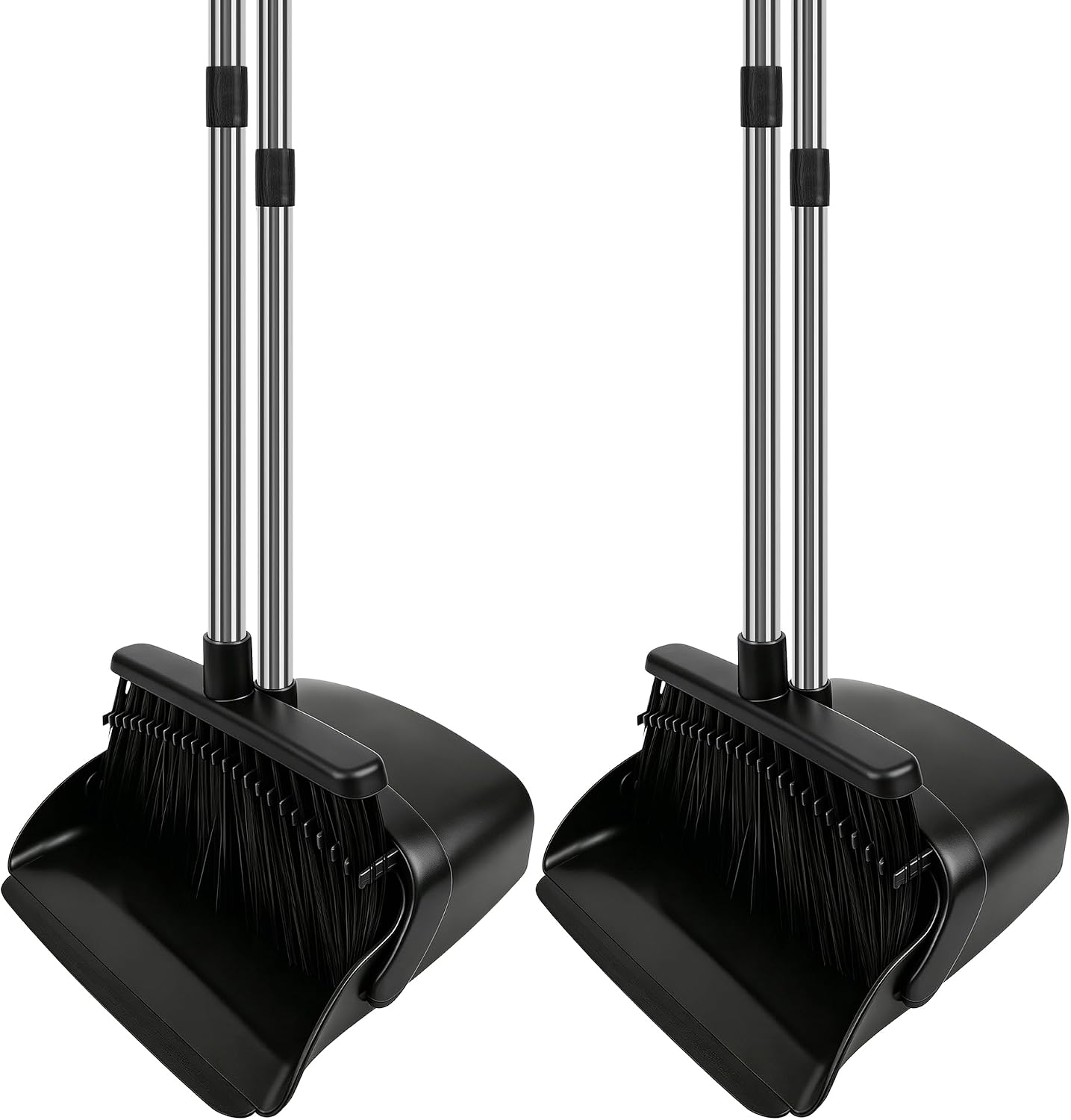 Broom and Dustpan Set 2 Pack, Upright Stand Up Broom and Dustpan Combo with Long Handles, Self-Cleaning Dustpan Teeth, Indoor Outdoor Sweeping Set for Home, Kitchen, Garage Pet Areas Black