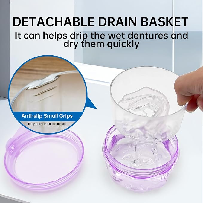 Leakproof Denture Case Purple Denture Soaking Cup False Teeth Container - Image 7
