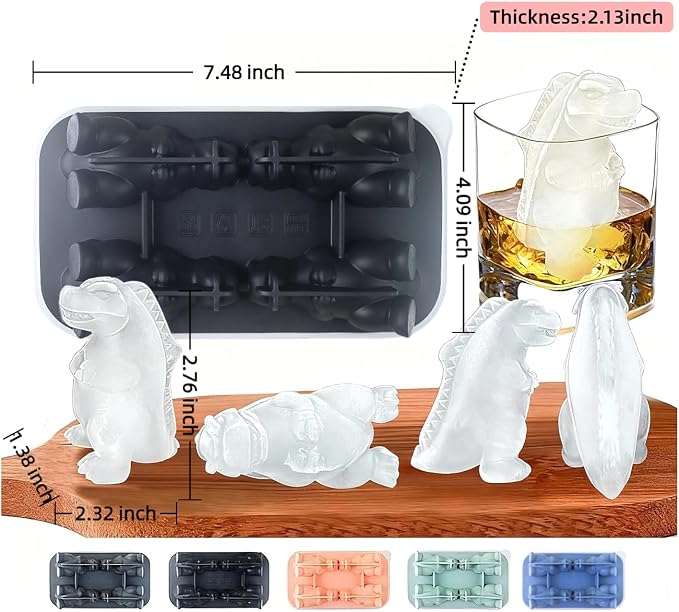 7.48inch Newly Upgraded 4-grid 3D Dinosaur Ice Tray and Covered Silicone Ice - Image 2