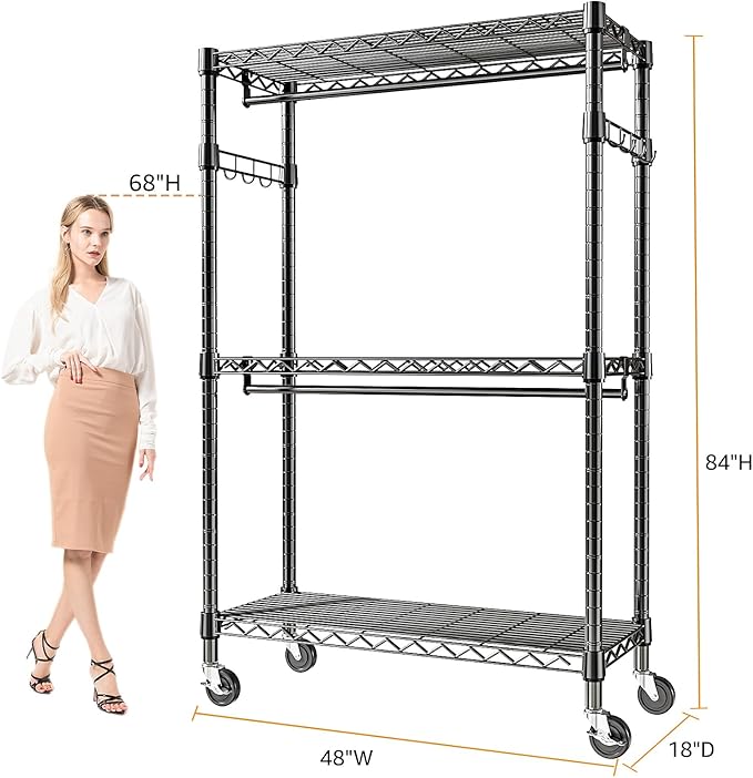 Heavy Duty Rolling Garment Rack 3 Tiers Adjustable Wire Shelving Clothes Rack - Image 4