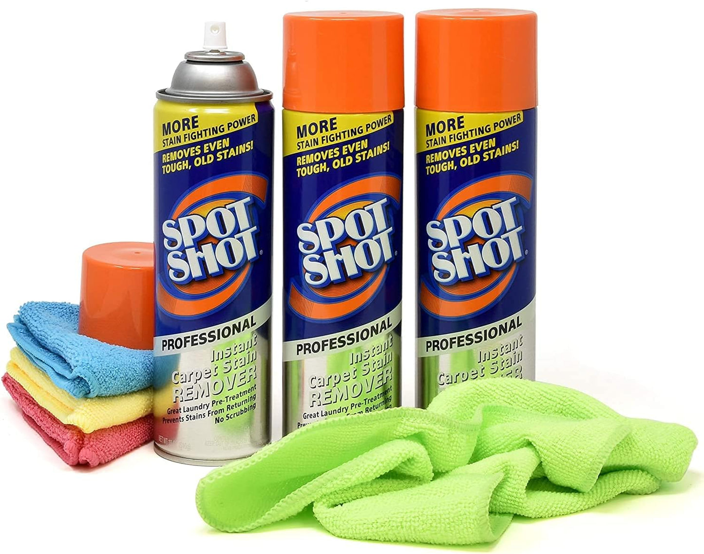 Spot Shot 18 oz Professional Carpet Stain Remover 3 Pack, and 4 UBEN Microfiber 12x12 Cleaning Cloths Included