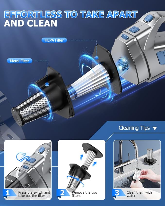 BQYPOWER Handheld Vacuum Cordless, 16000PA Strong Suction Hand Held Vacuum Dust - Image 6