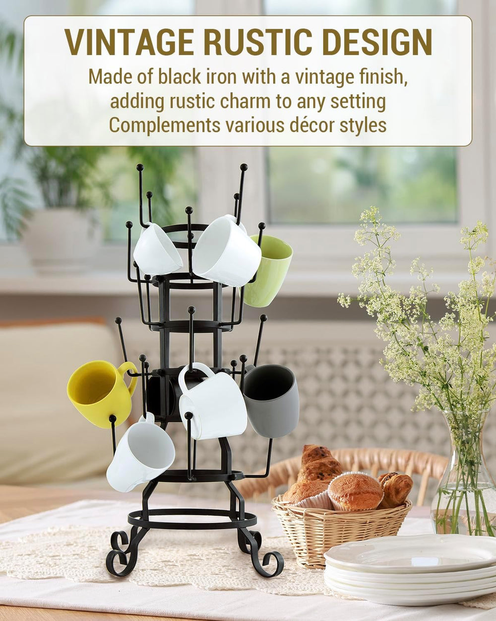 MyGift 24 Hook Rustic Mug Tree Holder for Coffee Cups & Glasses Rack