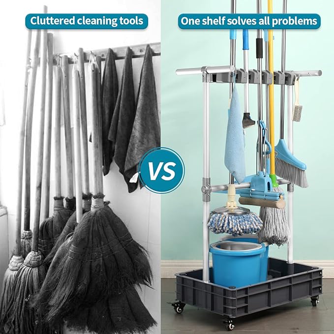 Broom And Mop Holder Put Wet Mops Movable Floor-Mounted Mop Rack Floor Standing - Image 4