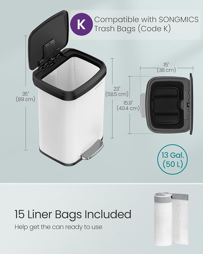 SONGMICS Kitchen Trash Can, 13 Gallon Stainless Steel Garbage Can, - Image 3