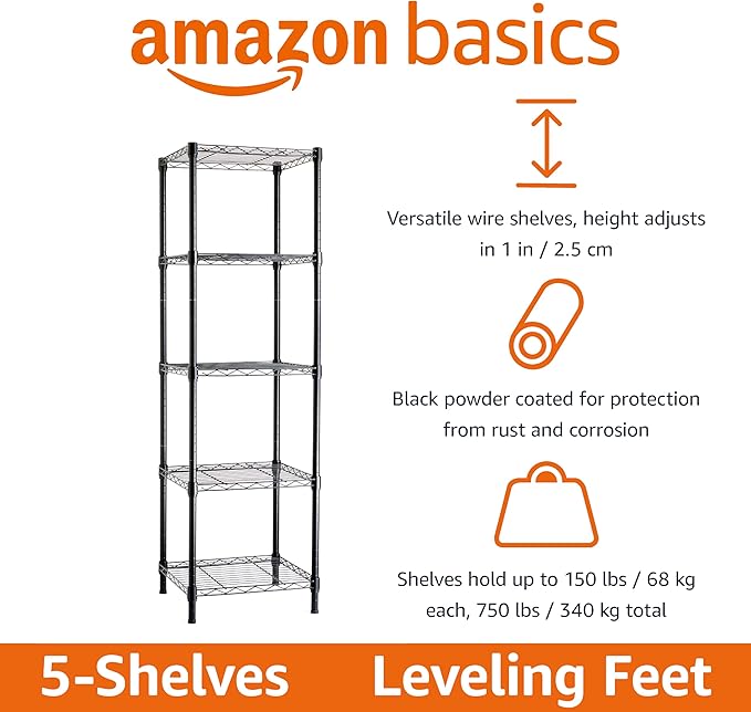 Amazon Basics 5-Shelf Tower Adjustable Storage Shelving Unit, 16 D x 16 W x 54 - Image 2