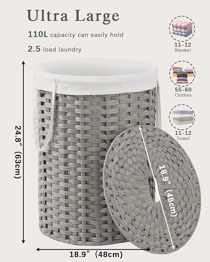 Laundry Basket with Lid Round Rattan Laundry Hamper with Lid and Handles 29.1 - Image 4