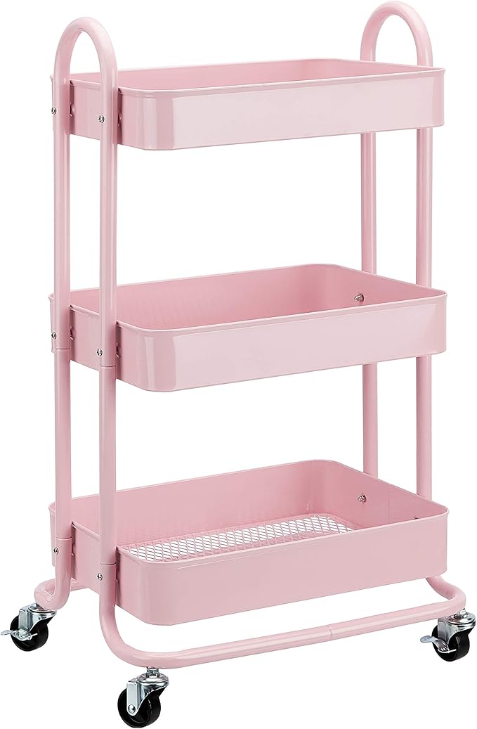 Amazon Basics 3-Tier Rolling Utility or Kitchen Cart, Lockable Wheels, Dusty by AmazonBasics