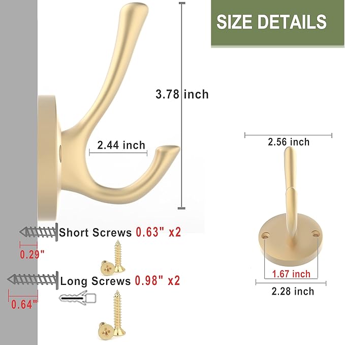 Gold Wall Hooks, 5 Pack Coat Robe Hook Heavy Duty Metal Double Bath Hook Wall - Image 5
