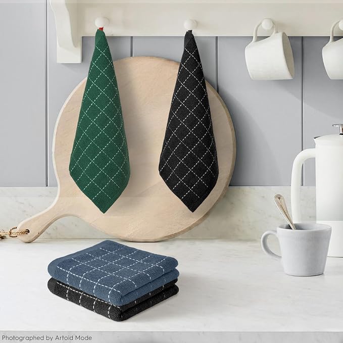 Artoid Mode Checkered Designed Cotton Grey Black Green Terry Kitchen Dish Cloths - Image 2
