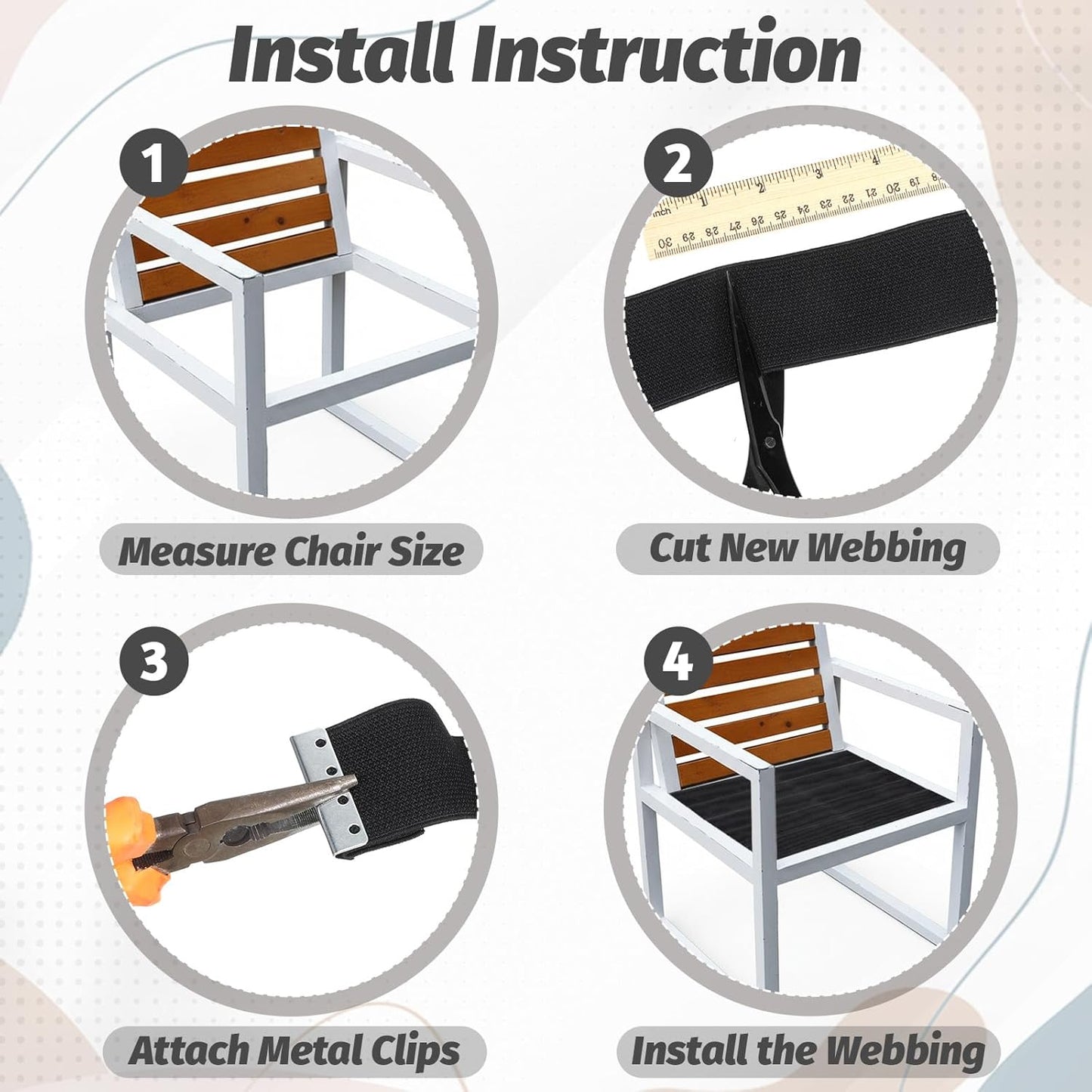 2 Inch Wide x 40 ft Chair Webbing Replacement Kit, Upholstery Webbing Elastic Band with Metal Clips and Mounting Screws to Repair Sagging Couch Chair Patio Furniture Patio (Black)