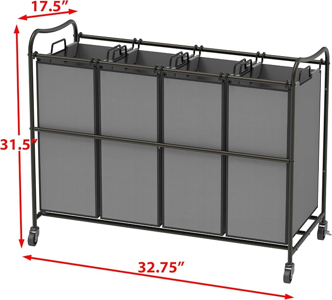 Simple Houseware 4-Bag Heavy Duty Laundry Sorter Rolling Cart, Dark Grey - Image 5