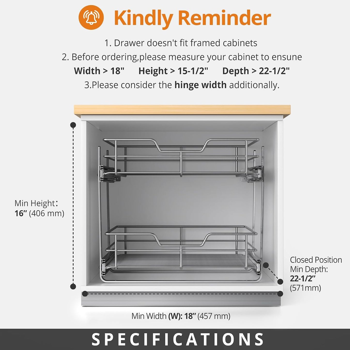 ZOINLIY Pull Out Cabinet Organizer,Slide Out Kitchen Organizers and Storage | Heavy Duty Drawer Cupboard Storage Basket, Smooth Sliding, Chrome Finish (2-Tiers-17¾''W×22“D)