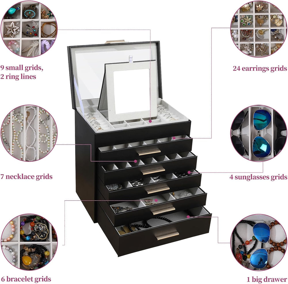 BOOVO Jewelry Boxes for Women, White and Black 6 Layer Large Jewelry Box for ...