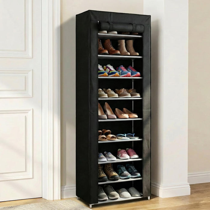 10 Tier Shoes Rack with Dustproof Cover, Shoe Storage Cabinet, Shoe Organizer, Easy to Assemble, Hold up to 25-30 Pairs (H 158cm x W 58cm x D 30cm) (Black)