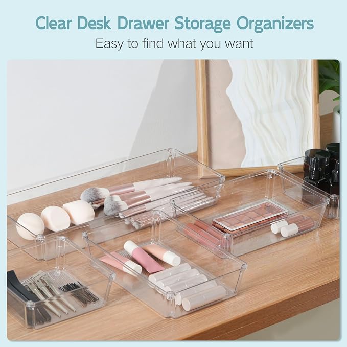 6 Pack Large Clear Plastic Drawer Organizer Trays, Desk Drawer Organizers and - Image 7