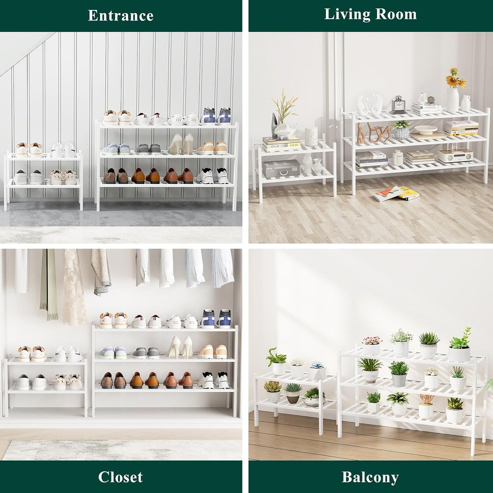 Smiry Bamboo Shoe Rack, 16 Vertical Slats, 3 Tier - 33.7" Wide, White