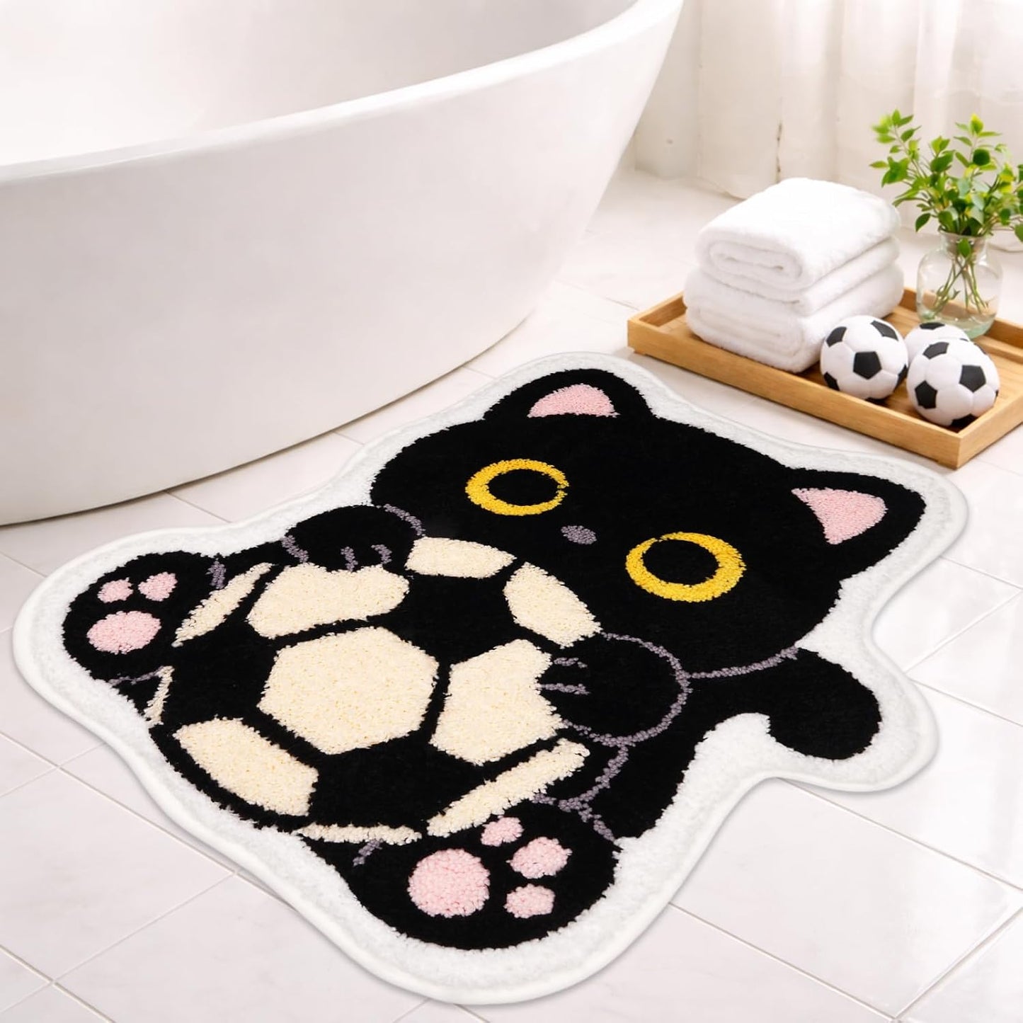 Black Cat Bath Mats for Bathroom,Sports Soccer Theme Cat Bathroom Mat with Holding Soccer,Soft Absorbent Non Slip Bath Rugs for Bathroom Shower Bedroom,24x21.2 Inch