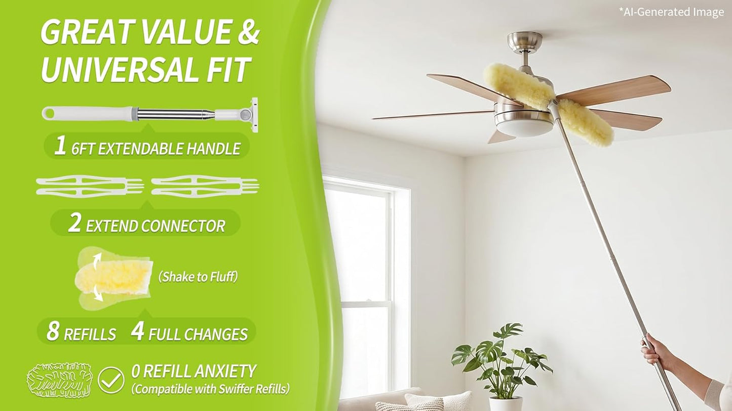 IVYROLL Dual Head Duster with Extended Handle 6 ft, Lockable Extendable Duster Kit with Extension Pole for High Ceiling Fan & Wall, 8 Refills