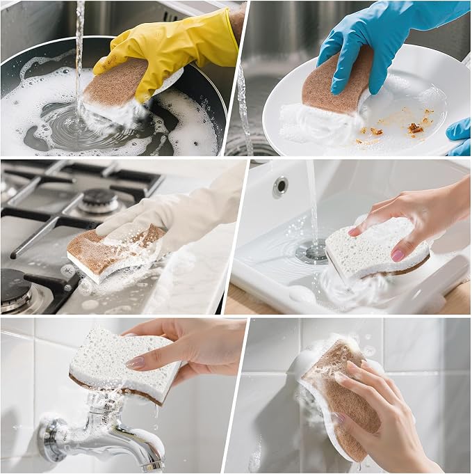 12Pack Natural Kitchen Sponge, Biodegradable Cellulose and Coconut Scrubber - Image 6