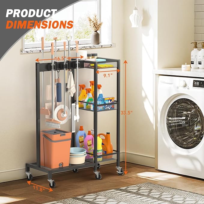 Broom Holder with Cleaning Supplies Organizer, Broom Closet Storage Cabinet - Image 7