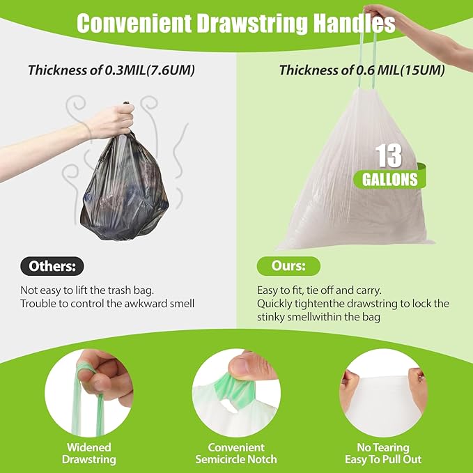 Large Trash Bags 13 Gallon Tall Drawstring 100% Post-Consumer Recycled Garbage - Image 2