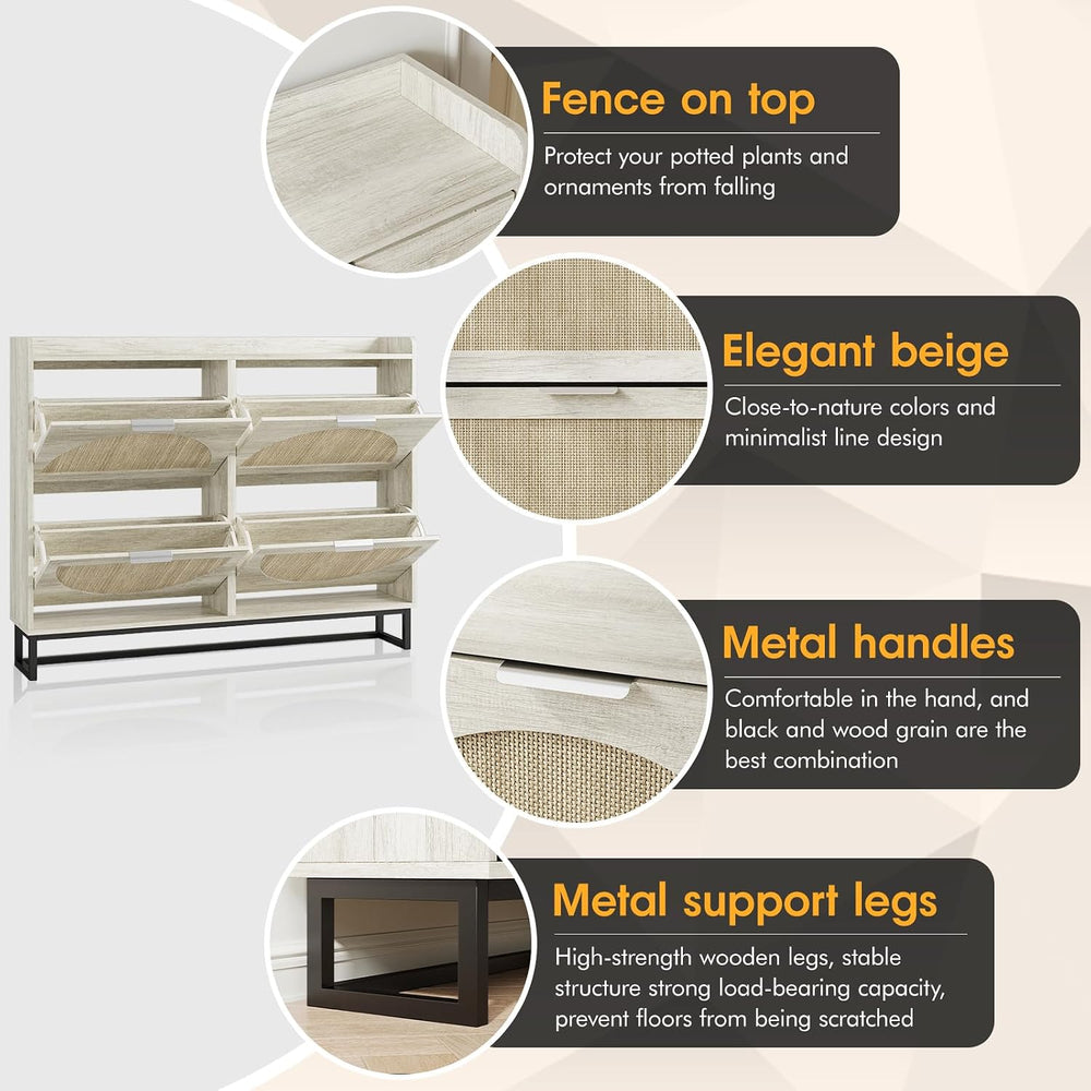 Maupvit Large Rattan Shoe Storage Cabinet with 4 Flip Drawers, Freestanding S...