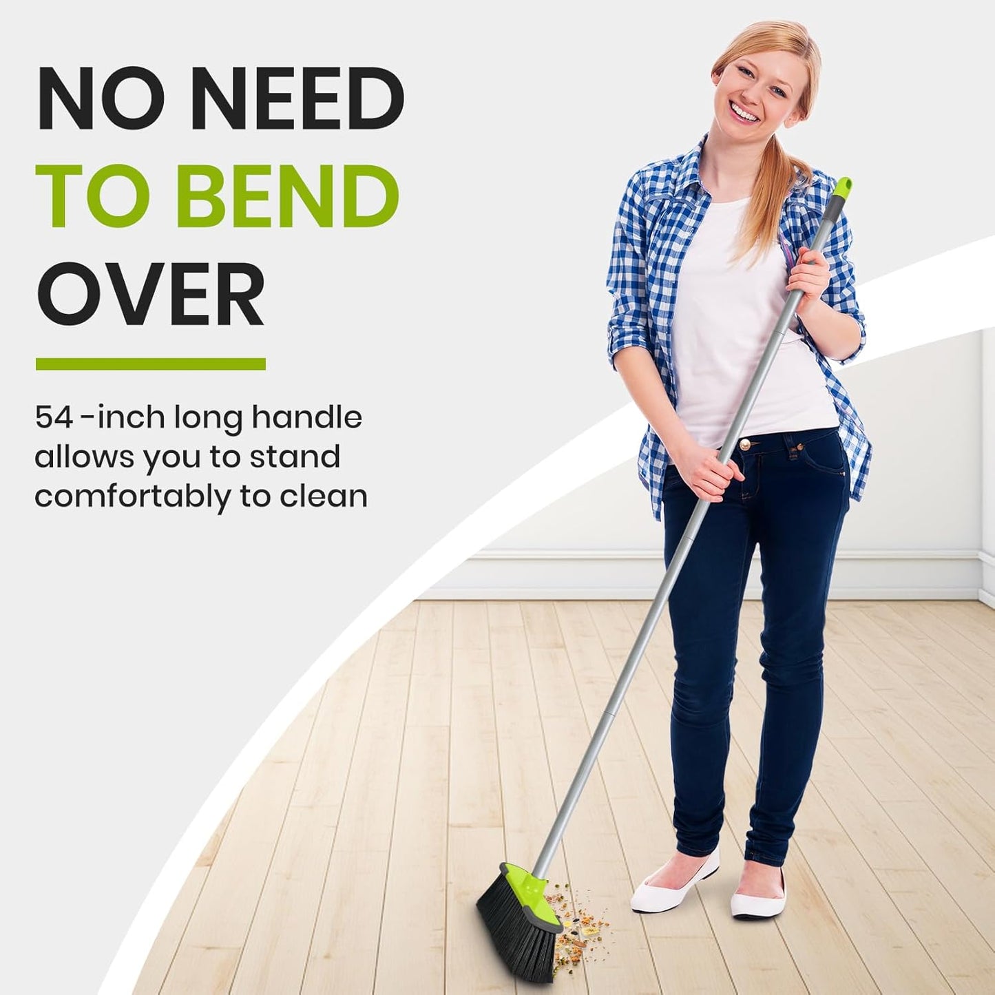 Green Indoor Broom 54" Long Handle House Broom for Floor Cleaning Sweeping Broom for Kitchen, Garage, Lobby, Patio and Garden
