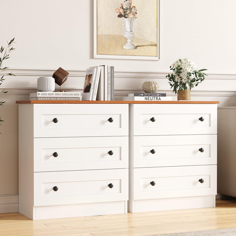 Furnify Farmhouse 3 Drawer Dresser, Small Chests of Drawers, White & Walnut