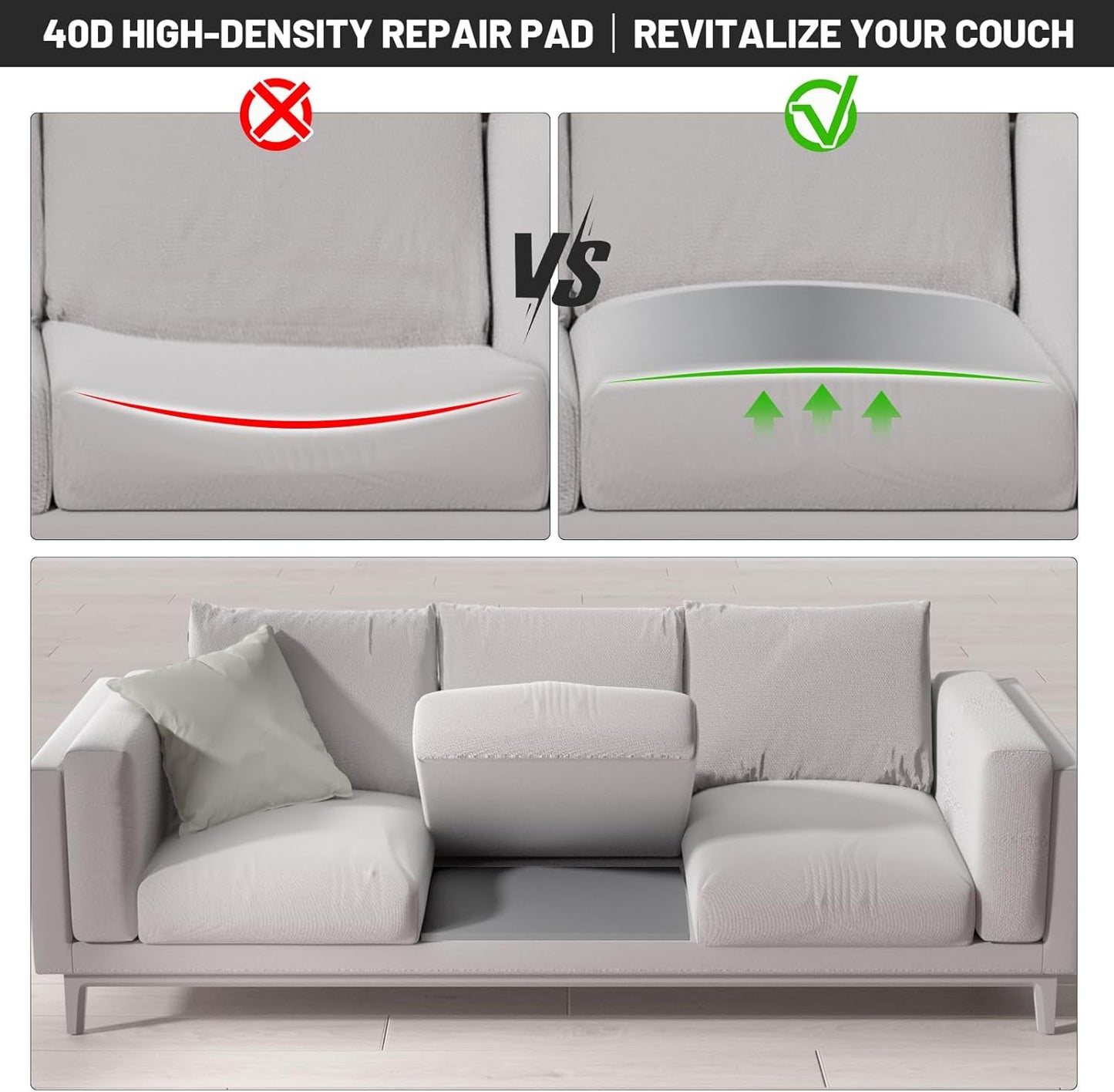 Couch Cushion Support for Sagging Seat, 20"x20"x2" 40D High Density Curved Foam Sofa Cushion Support, Under-Cushion Sag Repair,Grey Set of 3