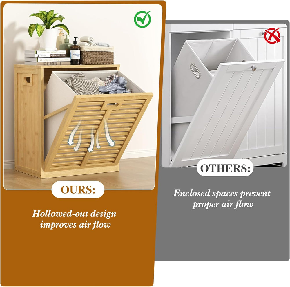 VASMIA Tilt Out Laundry Hamper, Bamboo Laundry Cabinet with Hidden Removable ...