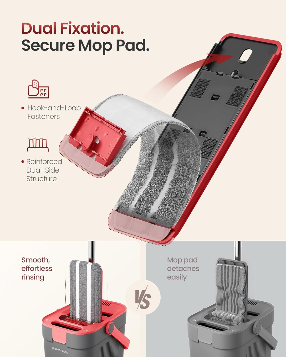 SONGMICS Mop and Bucket Set, Flat Mop with 3-Chamber Clean & Dirty Water Separation System, Wringer Bucket, 360° Rotating Head, 4 Microfiber Pads, Gray and Red ULMB001GT04