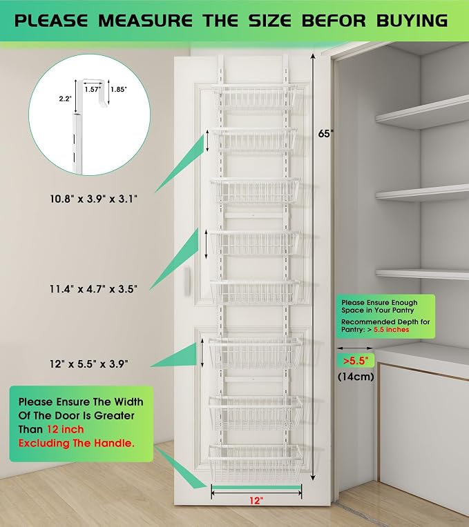 White 12 Inch Wide Narrow Over The Door Pantry Organizer, Pantry Organization - Image 2