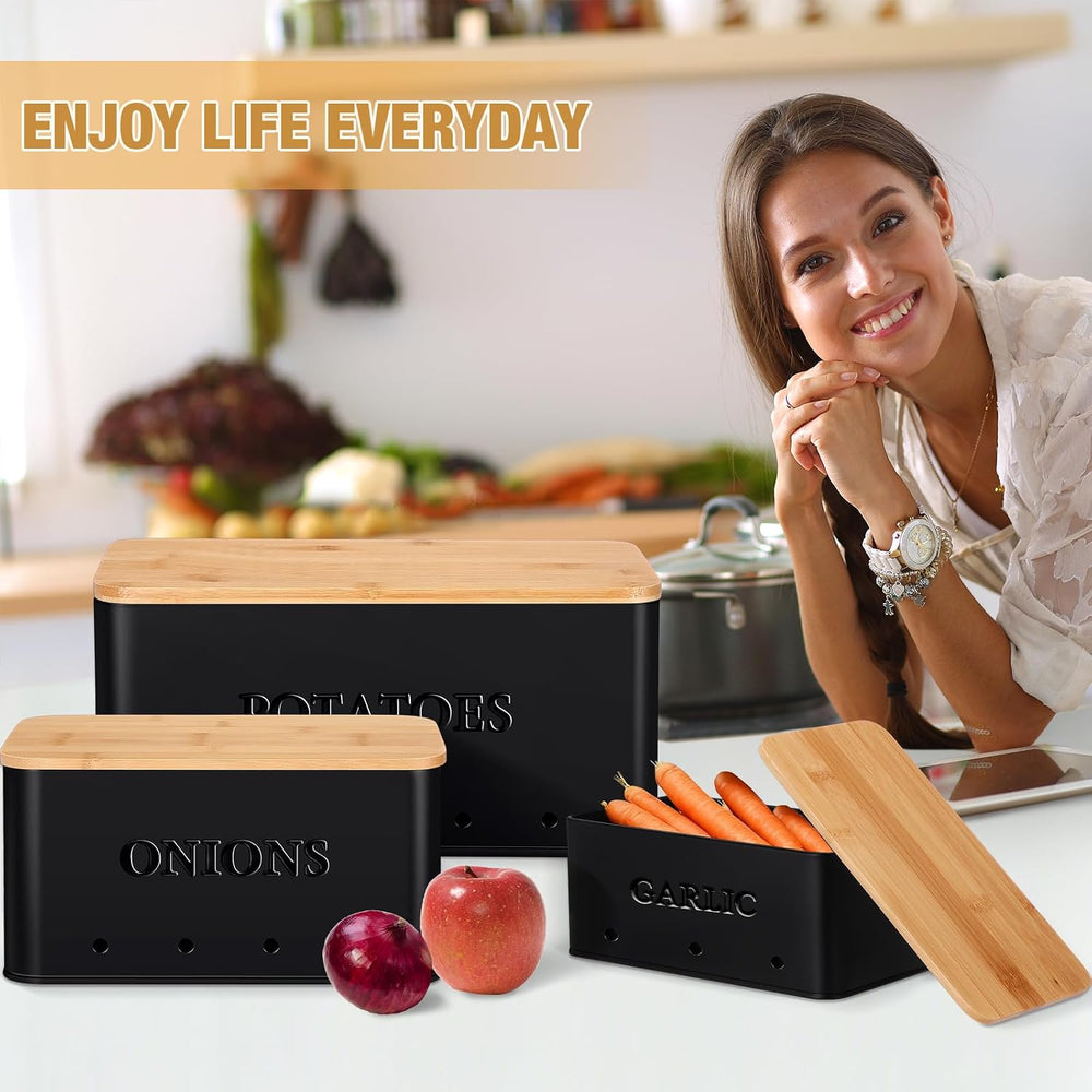 Honeydak 3 Pcs Metal Potato Onion Garlic Storage Bins Set Black