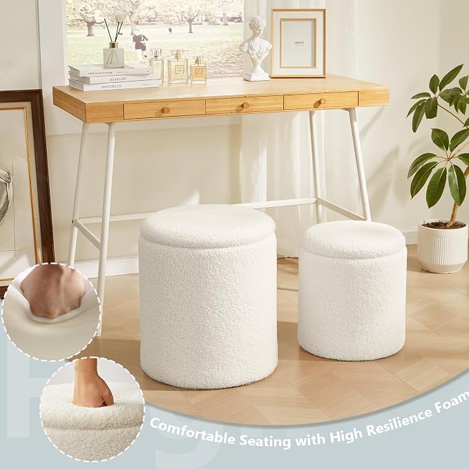 Boucle Round Ottoman with Storage Set of 2, Small Foot Stool Ottoman - Image 5