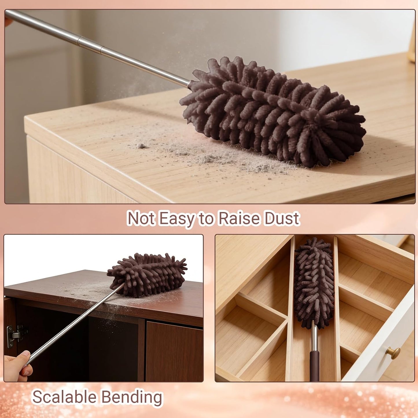 2 Pack Car Interior Duster, Brown Retractable Cleaning Tool, 12 to 31 Inch Extendable Pole with Bendable Head, Soft Chenille Dusting Brush for Auto, Home, Office & Furniture