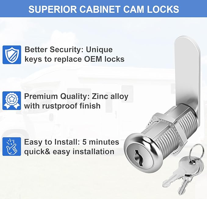 Cabinet Lock with Keys, 1-1/2" Long Cam Locks keyed Alike, Cam Lock Set - Image 4