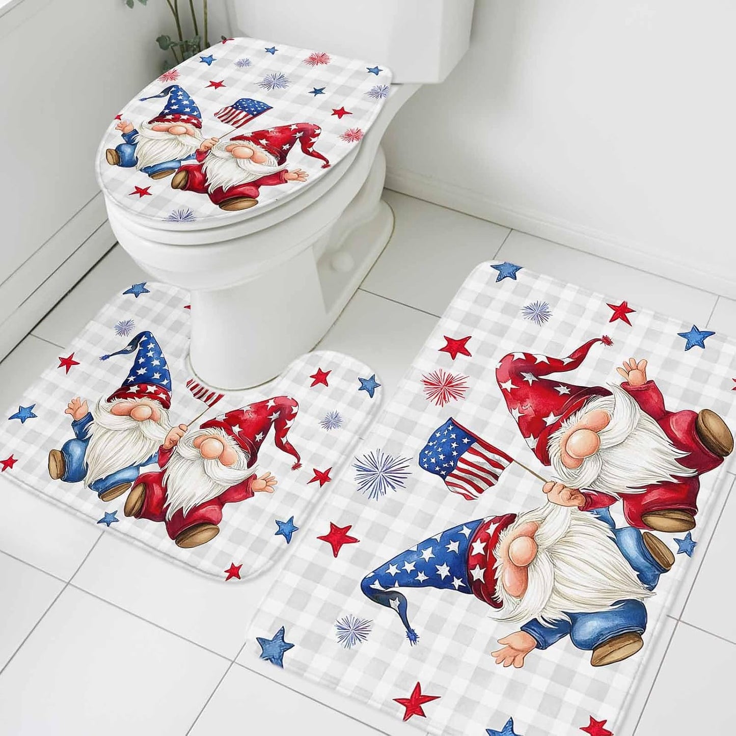 4th of July Bathroom Rugs and Mats Sets 3 Piece Patriotic Stars Gnomes Bath Sets Non Slip Bath Rug Set with U Shape Rug Fireworks Grey Buffalo Plaid Contour Toilet Rug for Bathroom Floor Large Size