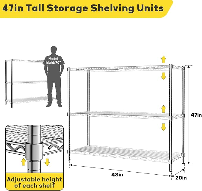 Storage Shelves, 3-Tier Adjustable Metal Industrial Utility Shelf Rack - Image 3