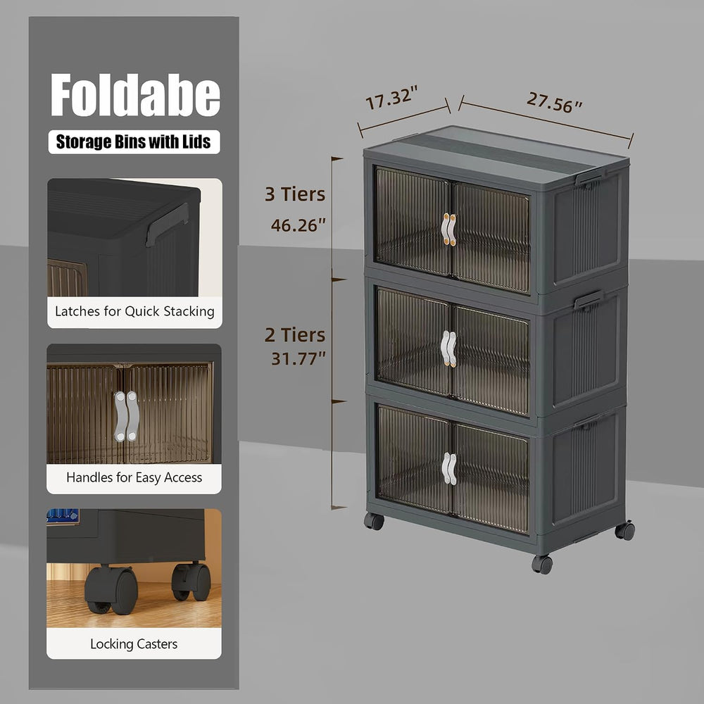 Collapsible Storage Bins with Lids and Front Doors, Heavy-Duty Stackable Plas...