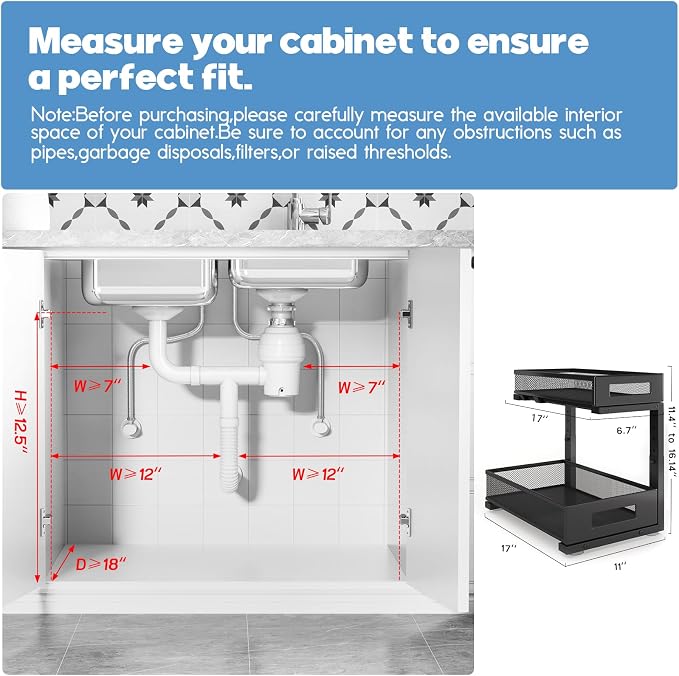 1 Pack 17IN Depth Under Sink Storage Organizer, Large 2-Tier Elegant Mesh Pull - Image 2